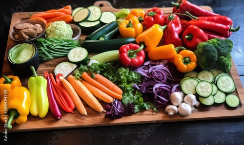  a wooden cutting board topped with lots of veggies.  generative ai