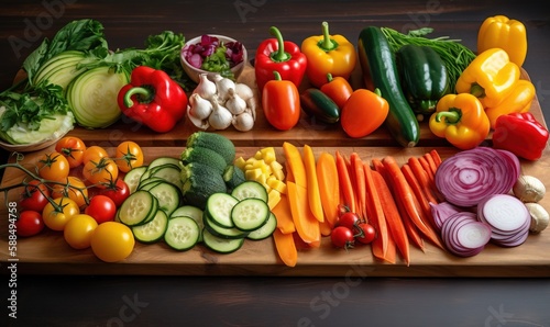  a wooden cutting board topped with lots of different types of vegetables. generative ai