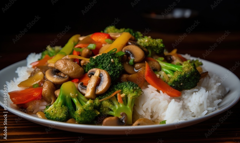 a white plate topped with broccoli, mushrooms and rice. generative ai a white plate topped with broccoli, mushrooms and rice. generative ai