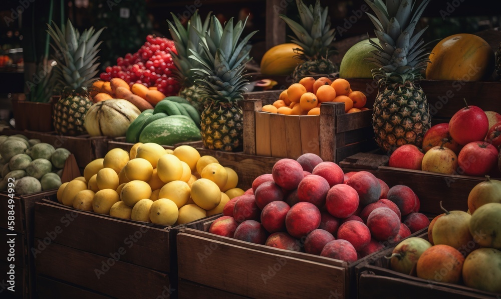  a variety of fruits are displayed in wooden boxes on display.  generative ai