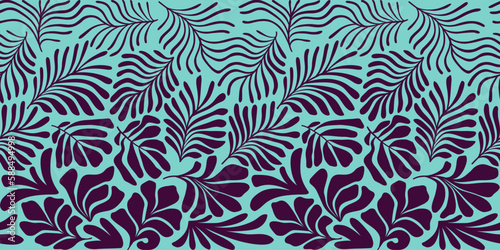 Turquoise purple abstract background with tropical palm leaves in Matisse style. Vector seamless pattern with Scandinavian cut out elements.