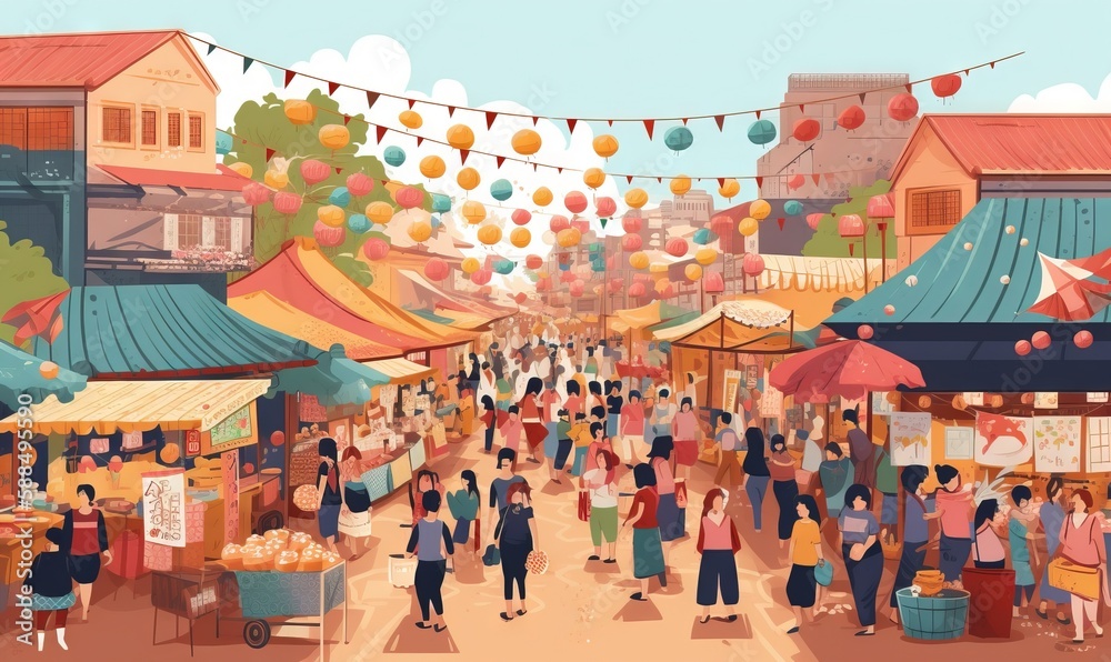  a crowd of people walking through a market under a string of balloons.  generative ai