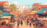  a crowd of people walking through a market under a string of balloons.  generative ai