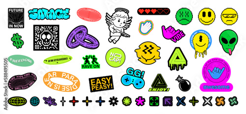 Colorful stickers, patches, badges, labels. Graphic set trendy badges for web design, apparel, typography. Trendy stickers, signs and stickers in 3D and flat style. Vector collection Y2k, 90s.