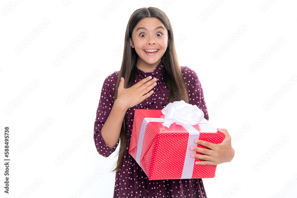 Cute teenager child girl congratulate with valentines day, giving romantic gift box. Present, greeting and gifting concept. Birthday holiday concept. Portrait of happy smiling teenage child girl. Cute teenager child girl congratulate with valentines day, giving romantic gift box. Present, greeting and gifting concept. Birthday holiday concept. Portrait of happy smiling teenage child girl.