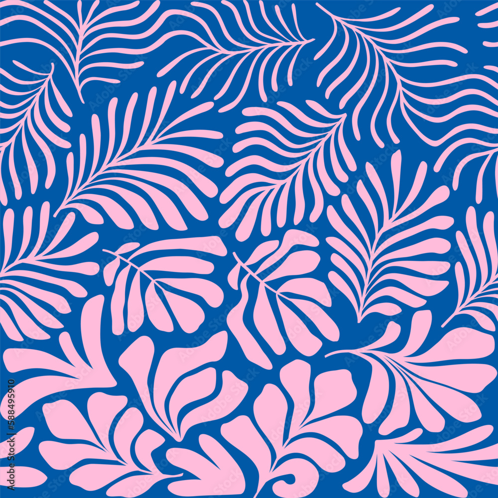 Pink blue abstract background with tropical palm leaves in Matisse style. Vector seamless pattern with Scandinavian cut out elements.