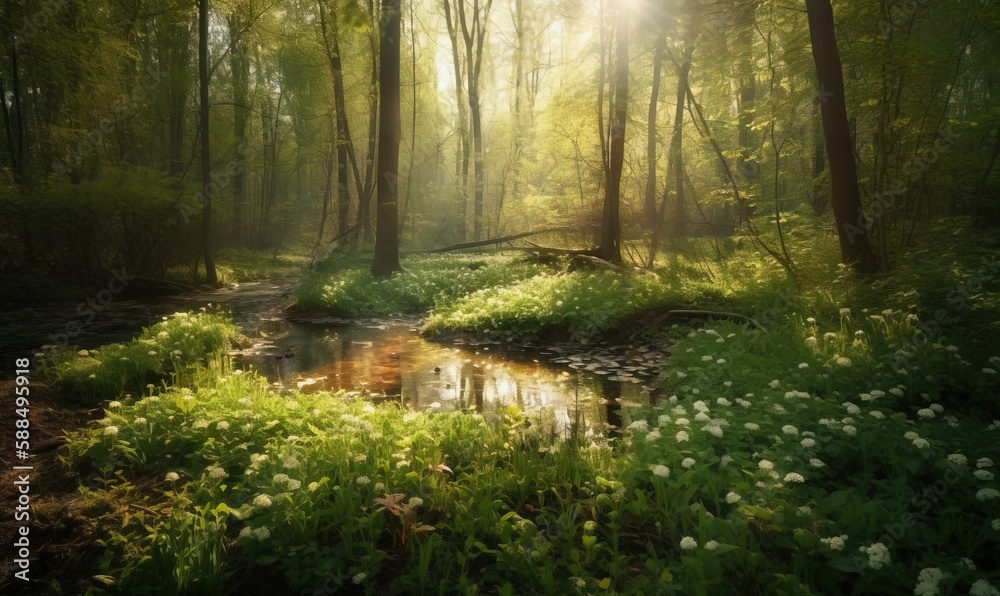  a stream running through a lush green forest filled with flowers.  generative ai