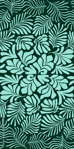 Turquoise green abstract background with tropical palm leaves in Matisse style. Vector seamless pattern with Scandinavian cut out elements.