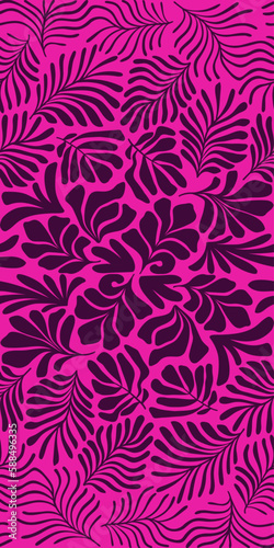 Purple pink abstract background with tropical palm leaves in Matisse style. Vector seamless pattern with Scandinavian cut out elements.