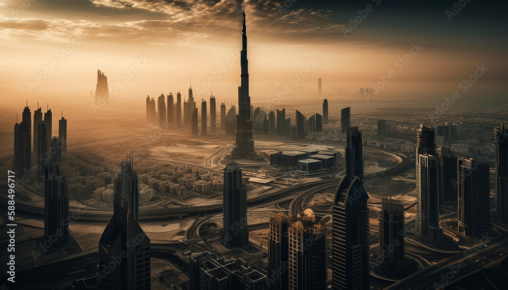 Illuminated skyscrapers paint the modern Dubai skyline generated by AI