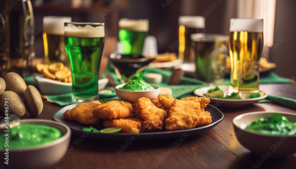 Grilled meat, fried appetizers, beer on table generated by AI Grilled meat, fried appetizers, beer on table generated by AI
