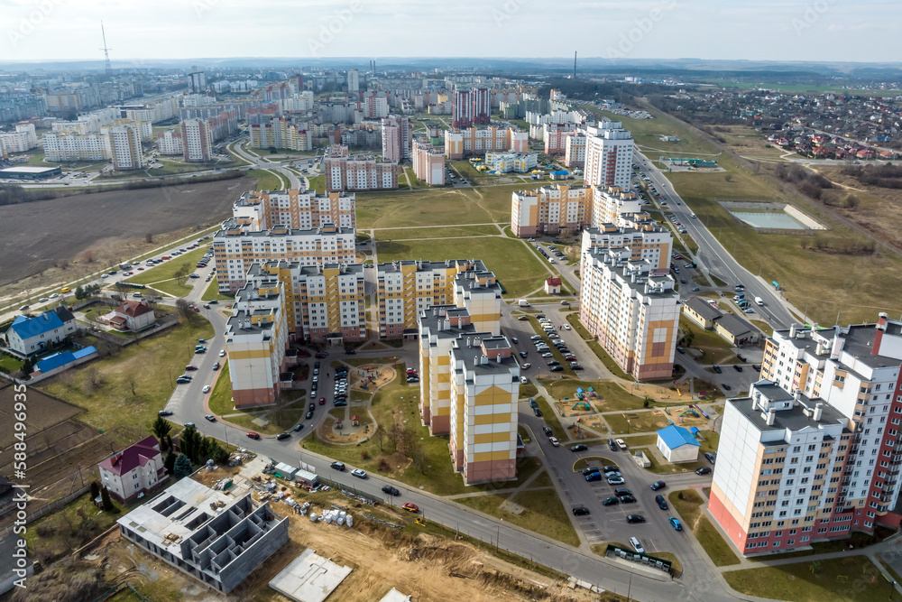 Obraz premium aerial panoramic view of modern residential area of high-rise buildings