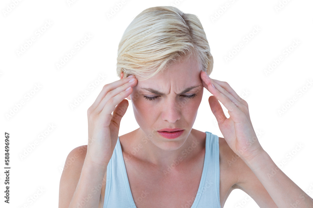 Beautiful woman suffering headache with head in hands Beautiful woman suffering headache with head in hands