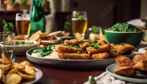 Deep fried pub food on rustic wooden table generated by AI