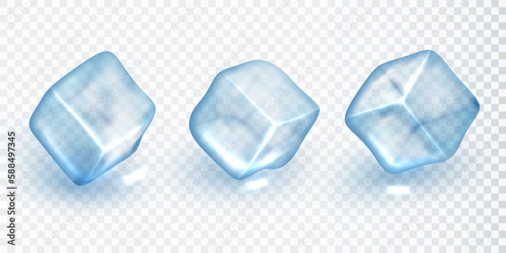 Realistic translucent ice cubes in blue color isolated on transparent background