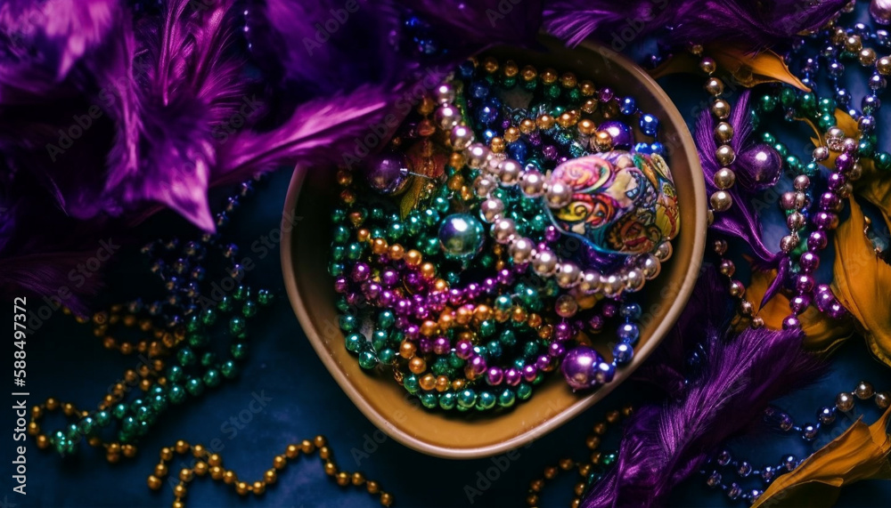 Colorful beaded necklace shines at Mardi Gras party generated by AI
