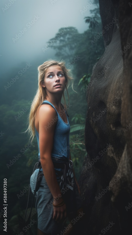 An AI-generated illustration of an imaginary blond girl climbing a vertical cliff