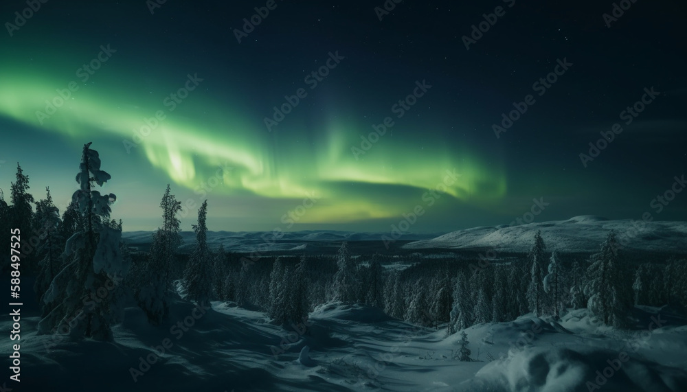 Frozen landscape illuminated by the Aurora Polaris generated by AI