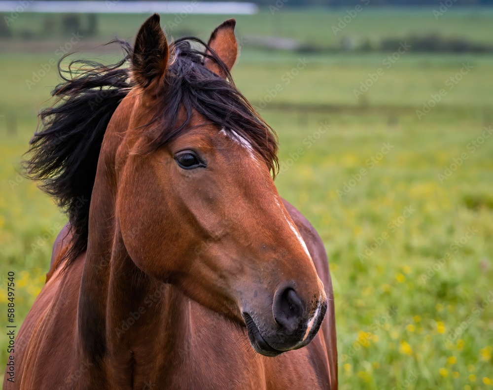 Obraz premium Close portrait, from profile, of a Latvian horse (Latvijas zirgs) with the mane flapping in the wind