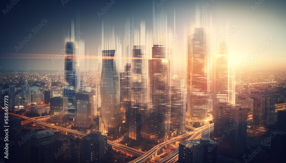 Fototapeta premium Futuristic cityscape glows in multi-colored skyscraper skyline generated by AI