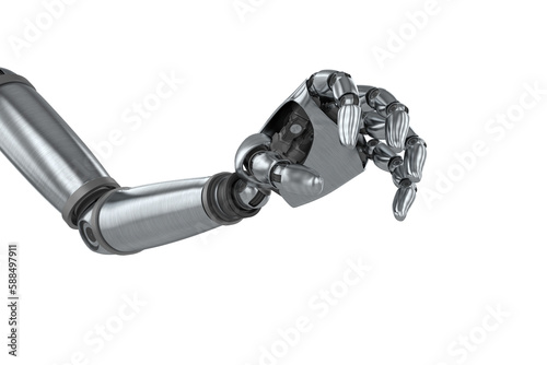 Three dimensional of chrome robotic hand with placard