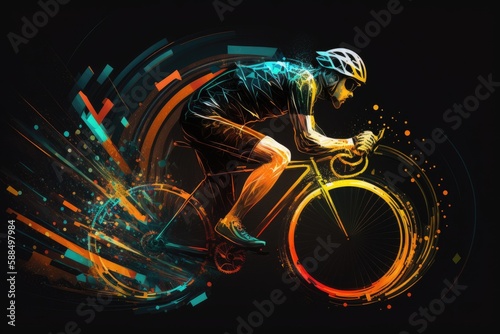Fototapeta Naklejka Na Ścianę i Meble -  A man rides a sport bicycle abstract on a black background. ai generative