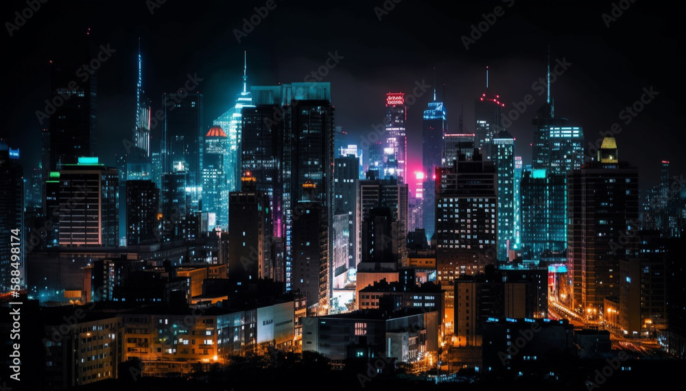 Illuminated skyscrapers light up futuristic city skyline generated by AI