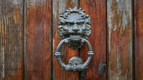 Decorative bronze handle in the form of a lion's head on a vintage door knocks on a wooden door