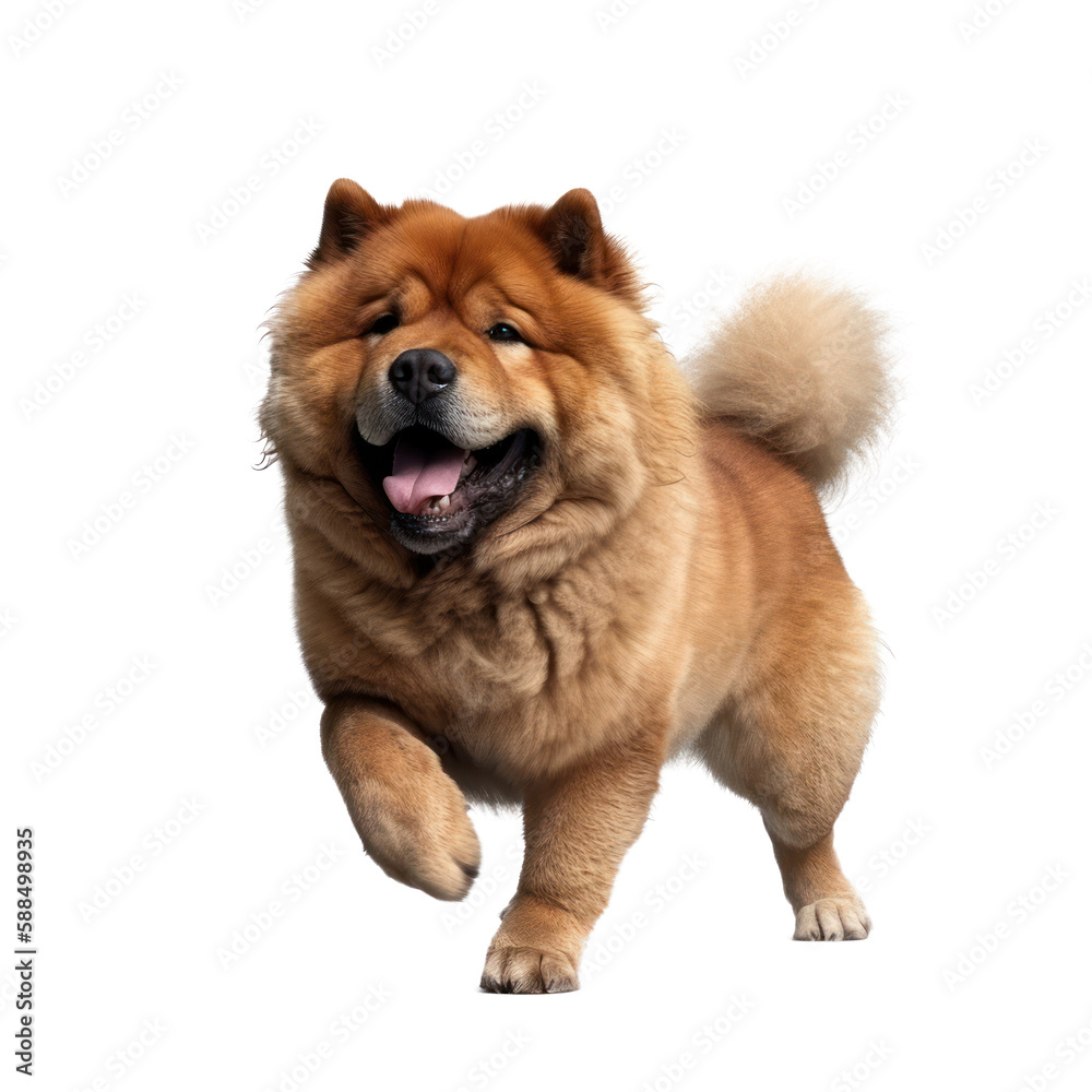 Happy Chow Chow dog jumping, isolated transparent background. Generative AI
