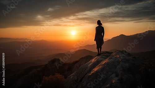 Achievement at sunset one woman standing triumphantly generated by AI © Jeronimo Ramos