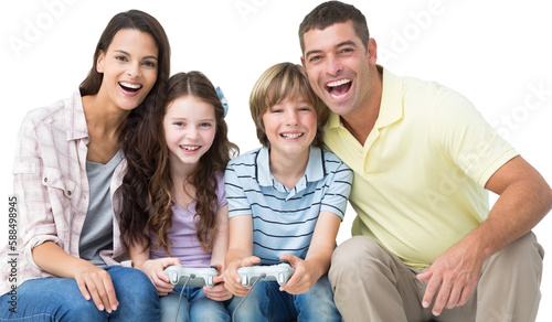 Happy family playing video game together