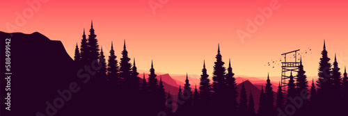 nature mountain pine forest winter silhouette sunset vector illustration good for banner, background, backdrop, web banner, ads banner, tourism banner, and wallpaper