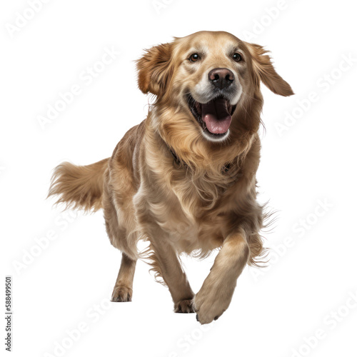 Happy Golden retriever dog jumping, isolated background. Generative AI © SimgeN