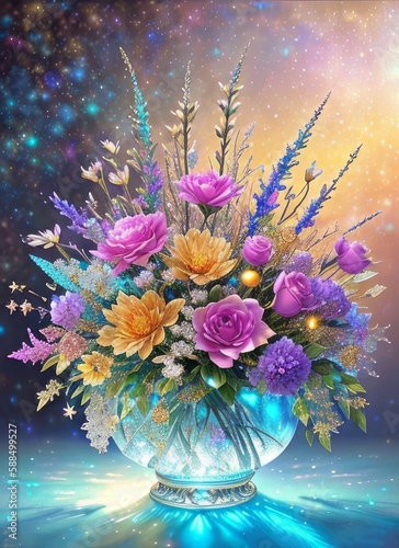 Golden ice flowers, among precious stones and jewels, flower bouquet, jewelry flowers, generative ai art illustration 33