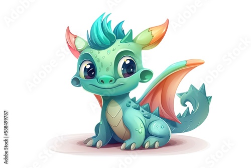 Very cute light blue baby dragon on isolated background. 3d illustration digital art.