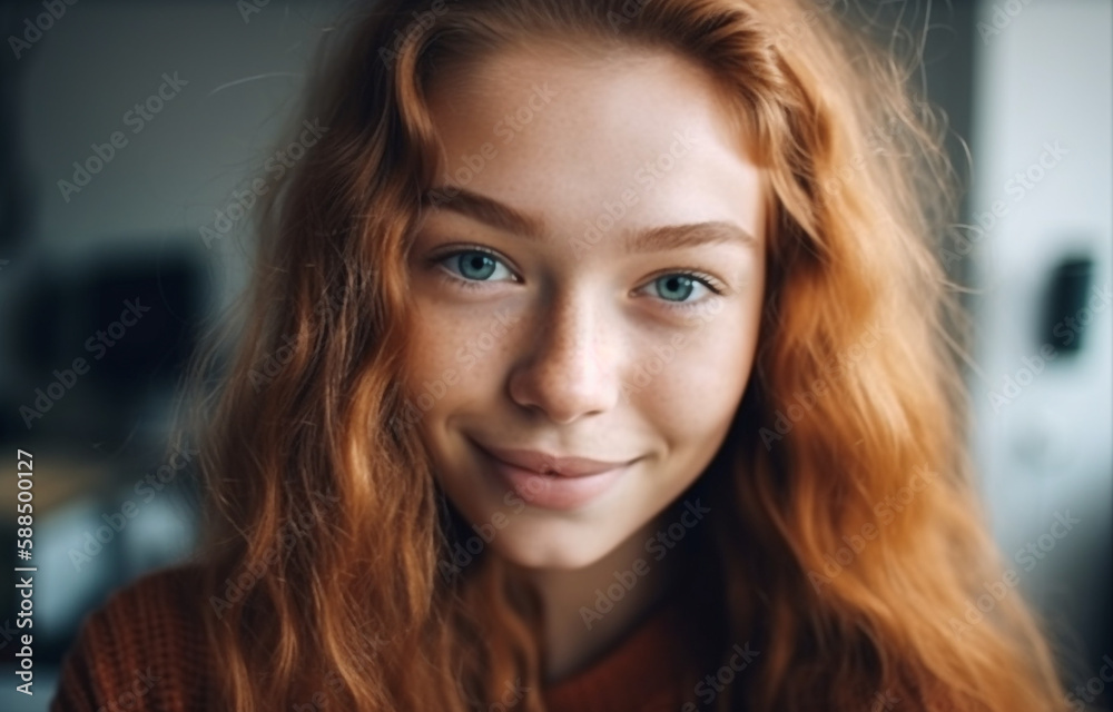 Naklejka premium AI generated teen blogger with long golden hair, pretty freckled face, blue eyes and charming smile making selfie or recording stories for social network page, looking friendly and happy