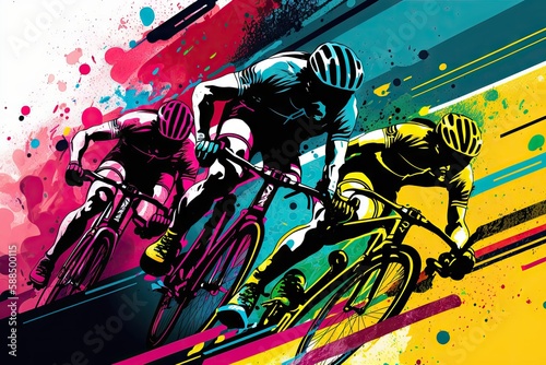 illustration bike race action on colorfull background. ai generative