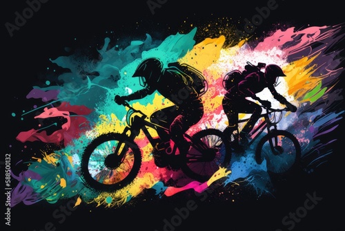 illustration bike race action on colorfull background. ai generative