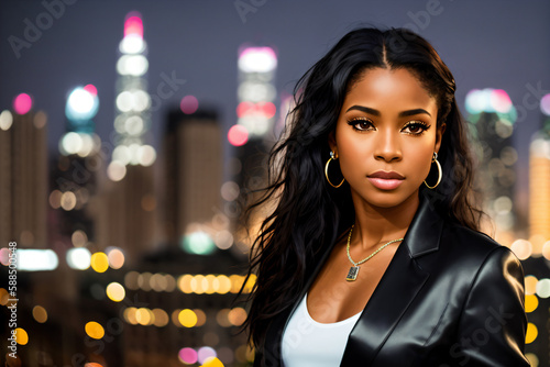 Erotic dark-skinned woman model in a suit posing against the backdrop of the city skyline, advertising image, model portrait. Generative AI