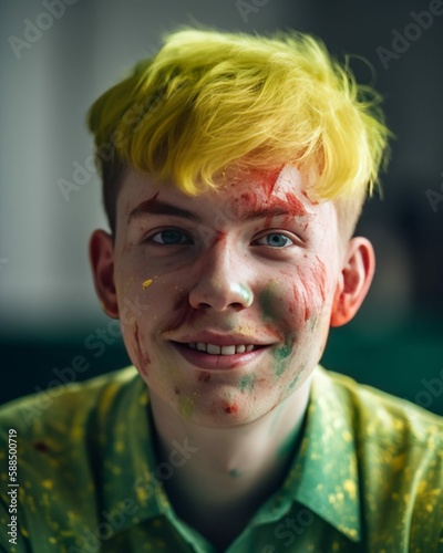 Portrait of a Smiling Young Man with Highlighter Yellow Green hair and Colorful Powder on His Face Photorealistic Illustration [Generative AI]