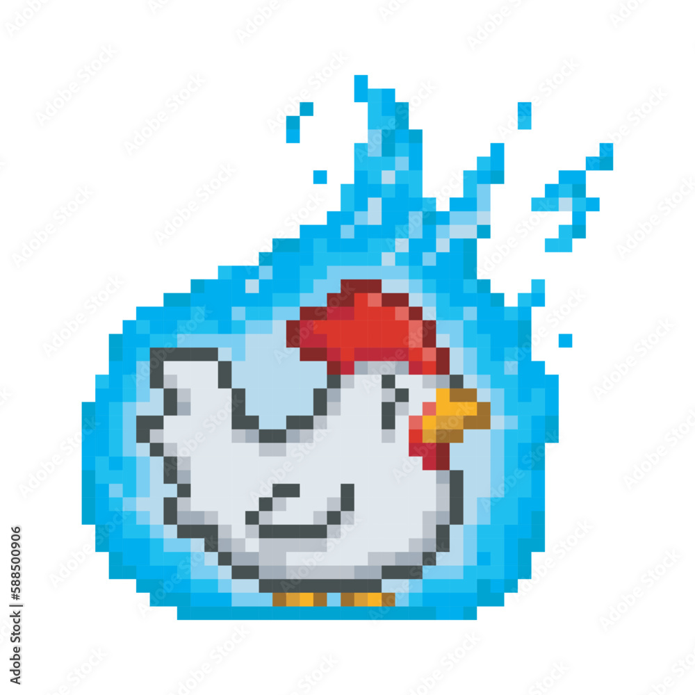 Angry chicken burning in blue fire, pixel art