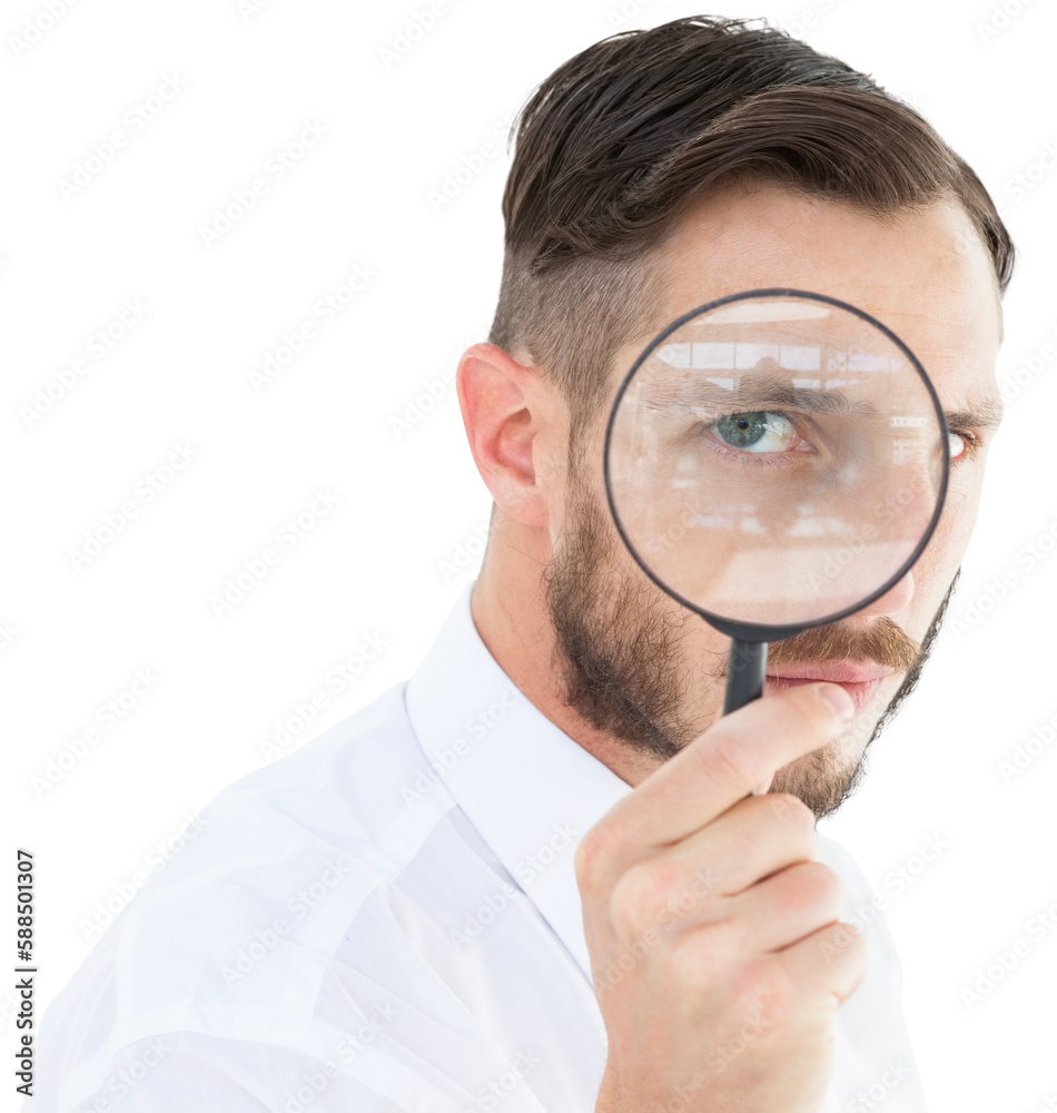 Geeky businessman looking through magnifying glass Geeky businessman looking through magnifying glass