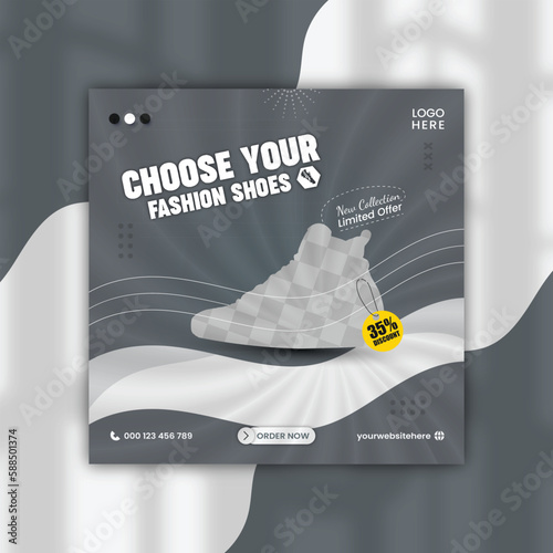 Fashion shoes brand product Social media banner post template, Shoe ad Banner Design, special sale offers social media post design for your digital marketing, gray color.
