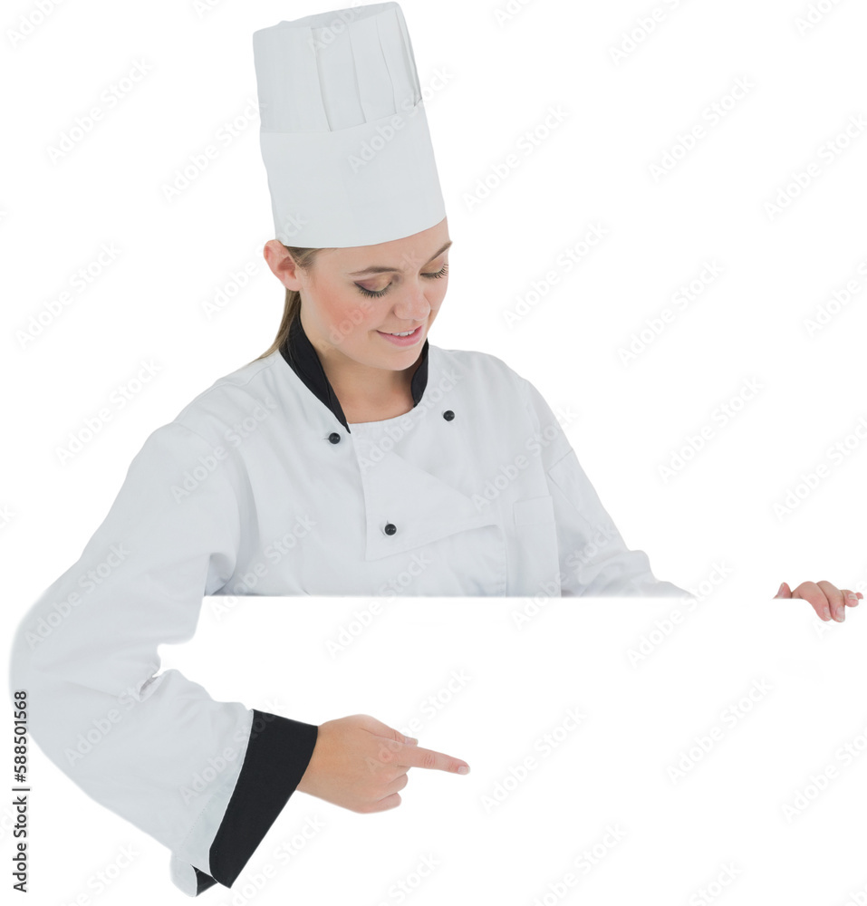 Female chef pointing on billboard Female chef pointing on billboard