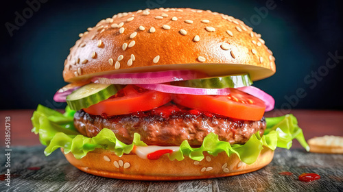 Delectable hamburger that is bursting with flavor. Burger made of beef and pork, with cheese, lettuce, tomato, and onions. Generative AI