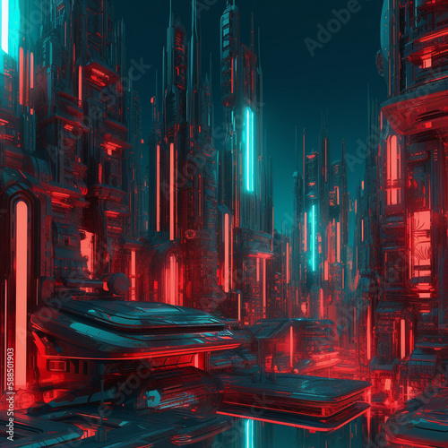 Red Teal colored Futuristic City Buildings 