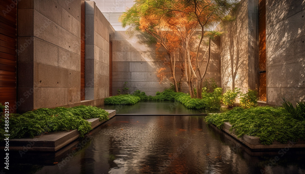 Tranquil scene of modern architecture by pond generated by AI Tranquil scene of modern architecture by pond generated by AI