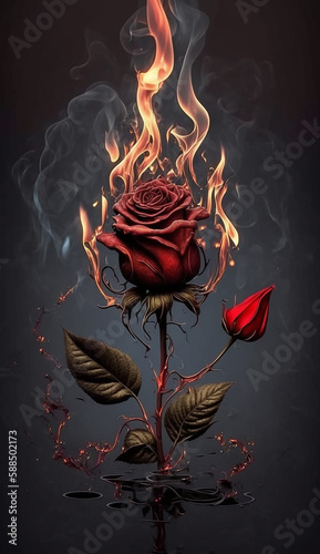 Red rose on flame. Generative Ai