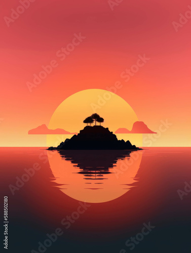 The silhouette of an island against a spectacular sunrise.. AI generation.