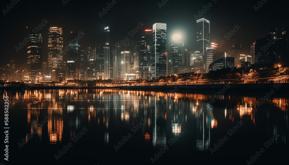 City skyline glows at night, reflecting in water generated by AI